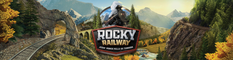 an image of a railroad track over a mountainous terrain with the "Rocky Railway" logo in the center