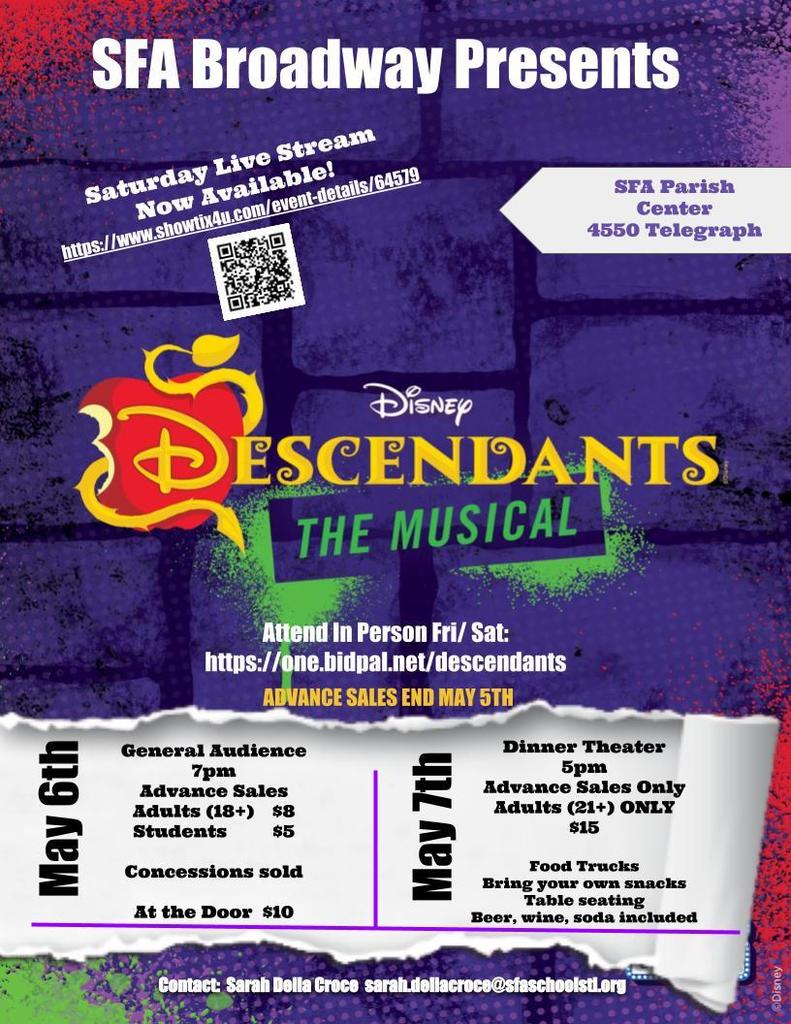 Flyer for school musical on May 6th and May 7th.  The show is Disney's "Descendants." 